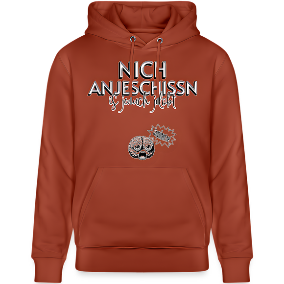 terrakotta farbener unisex Hoodie-weisser druck schwarz umrandet 'Nich anjeschissen is jenuch jelobt' - darunter ein illustriertes gehirn mit erschrockenem Blick und Sprechblase "Compliment me"