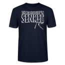 Unisex T-Shirt mit Berliner Spruch „Jeh mir nich uff’n Senkel“, weißer Aufdruck auf dunkelblauem Shirt aus Bio-Baumwolle.