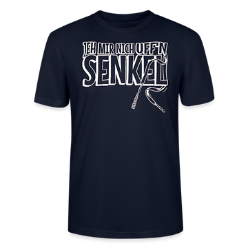 Unisex T-Shirt mit Berliner Spruch „Jeh mir nich uff’n Senkel“, weißer Aufdruck auf dunkelblauem Shirt aus Bio-Baumwolle.