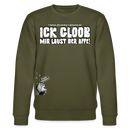 Sweater in Khaki mit Spruch in kultiger Berliner Schnauze „Ick gloob, mir laust der Affe!“ und Affen-Grafik, Unisex, bio Baumwolle, locker geschnitten.