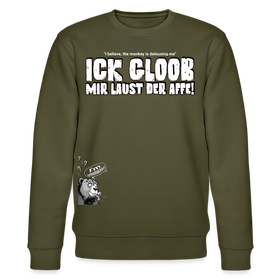 Sweater in Khaki mit Spruch in kultiger Berliner Schnauze „Ick gloob, mir laust der Affe!“ und Affen-Grafik, Unisex, bio Baumwolle, locker geschnitten.