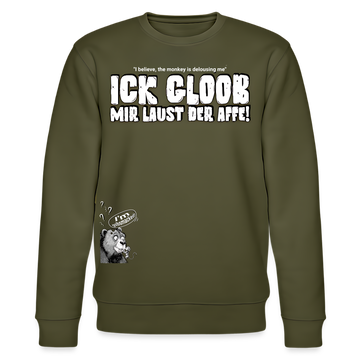 Sweater in Khaki mit Spruch in kultiger Berliner Schnauze „Ick gloob, mir laust der Affe!“ und Affen-Grafik, Unisex, bio Baumwolle, locker geschnitten.