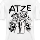 Weißes, locker geschnittenes Unisex T-Shirt mit großem schwarzen Schriftzug „ATZE“ über einer Illustration von zwei Bären im Hoodie und Cap, die eng beieinander stehen, den Arm umeinander legen und mit ausgestreckter Pfote nach vorn zeigen; darunter der Schriftzug „Berliner Schnauze – FINDICKJUT“, symbolisiert Freundschaft, Besties und Brüder im Berliner Streetstyle.