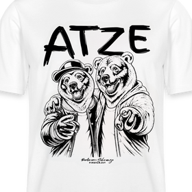 Weißes, locker geschnittenes Unisex T-Shirt mit großem schwarzen Schriftzug „ATZE“ über einer Illustration von zwei Bären im Hoodie und Cap, die eng beieinander stehen, den Arm umeinander legen und mit ausgestreckter Pfote nach vorn zeigen; darunter der Schriftzug „Berliner Schnauze – FINDICKJUT“, symbolisiert Freundschaft, Besties und Brüder im Berliner Streetstyle.