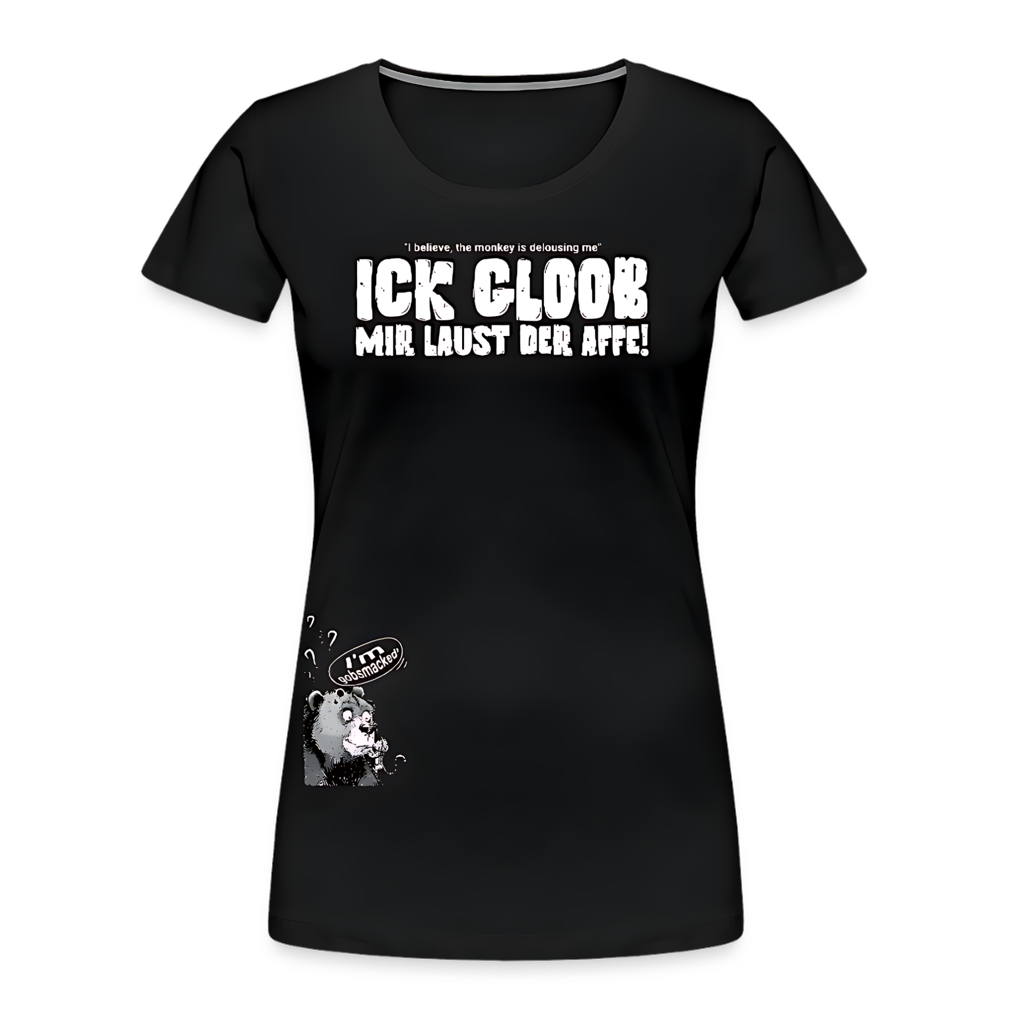 Echt freches Berlin Shirt aus Bio-Baumwolle: Schwarzes, tailliertes Damen T-Shirt mit weissem Schriftzug über der Brust „Ick gloob, mir laust der Affe“ und kleines Comic-Motiv über der Hüfte Bär & Affe.