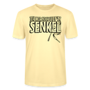 Unisex bio Berlin T‑Shirt mit  „JEH MIR NICH UFF’N SENKEL“ in hellgelb mit schwarzer Print, 100% Bio‑Baumwolle.