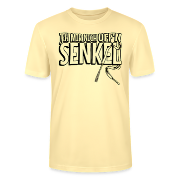 Unisex bio Berlin T‑Shirt mit  „JEH MIR NICH UFF’N SENKEL“ in hellgelb mit schwarzer Print, 100% Bio‑Baumwolle.