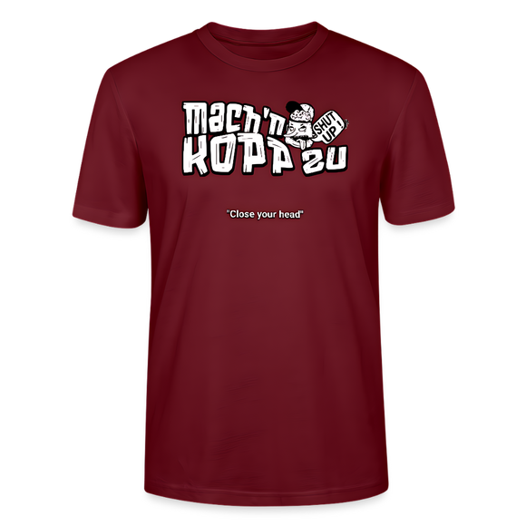 Burgunderrotes Bio T-Shirt mit weißem Frontprint „Mach’n Kopp zu“ und kleiner englischer Unterzeile „Close your head“, kleine Cartoon-Illustration mit Sprechblase „Shut up“, Unisex, Berlin Shirt mit Berliner Spruch.