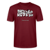 Burgunderrotes Bio T-Shirt mit weißem Frontprint „Mach’n Kopp zu“ und kleiner englischer Unterzeile „Close your head“, kleine Cartoon-Illustration mit Sprechblase „Shut up“, Unisex, Berlin Shirt mit Berliner Spruch.