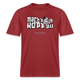 Burgunderrotes Bio-Unisex Berlin Shirt mit weißem Frontdruck „Mach’n Kopp zu“, darunter „Close your head“ und Illustration eines Berliner Kopp mit Sprechblase „Shut up“, Rundhals, zentral platzierter Print – ideal für Streetwear und Berliner Spruch-Styles.