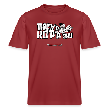 Burgunderrotes Bio-Unisex Berlin Shirt mit weißem Frontdruck „Mach’n Kopp zu“, darunter „Close your head“ und Illustration eines Berliner Kopp mit Sprechblase „Shut up“, Rundhals, zentral platzierter Print – ideal für Streetwear und Berliner Spruch-Styles.