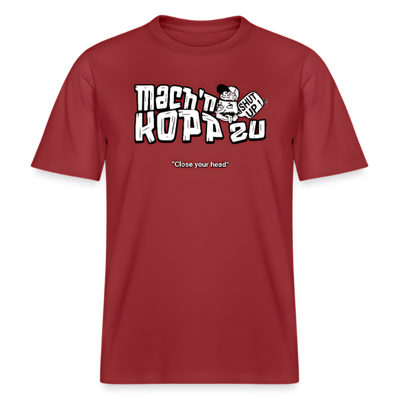 Burgunderrotes Bio-Unisex Berlin Shirt mit weißem Frontdruck „Mach’n Kopp zu“, darunter „Close your head“ und Illustration eines Berliner Kopp mit Sprechblase „Shut up“, Rundhals, zentral platzierter Print – ideal für Streetwear und Berliner Spruch-Styles.