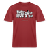 Burgunderrotes Bio-Unisex Berlin Shirt mit weißem Frontdruck „Mach’n Kopp zu“, darunter „Close your head“ und Illustration eines Berliner Kopp mit Sprechblase „Shut up“, Rundhals, zentral platzierter Print – ideal für Streetwear und Berliner Spruch-Styles.