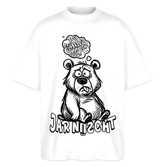 Oversized Unisex Bio T‑Shirt in Weiß mit gezeichnetem Berliner Bär und Aufdruck „Du schnallst ooch echt jar nüscht – jar nüscht“.