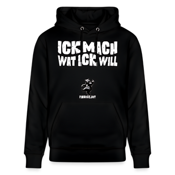 Schwarzer Hoodie mit Aufdruck „ICK MACH WAT ICK WILL“ im Berliner Schnauze Stil und Berlin‑Bär, designed by findickjut