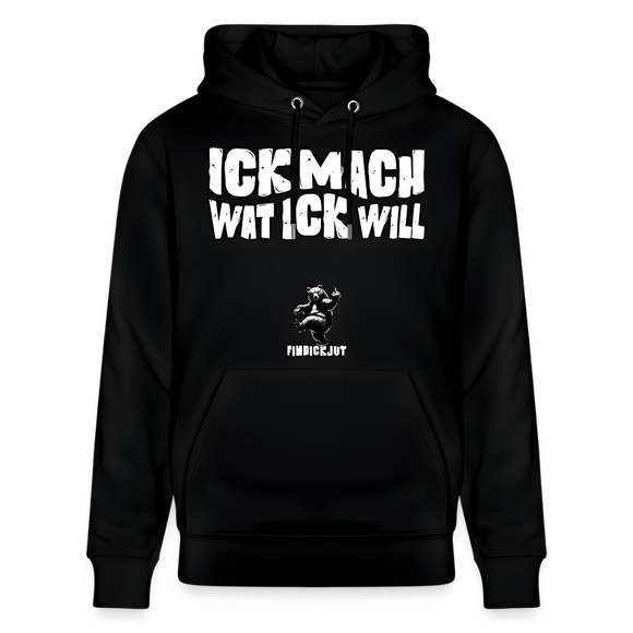 Schwarzer Hoodie mit Aufdruck „ICK MACH WAT ICK WILL“ im Berliner Schnauze Stil und Berlin‑Bär, designed by findickjut