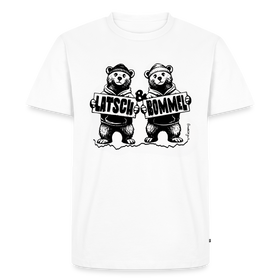 weisses Männer Premium Bio T-Shirts mit schwarzem Druck: zwei comicartige Bären in Hoodies, die jeweils ein Schild mit der Aufschrift ‚LATSCH‘ und ‚BOMMEL‘ halten, getrennt durch ein kleines ‚&‘, Design mittig auf der Brust platziert, Shirt aus 100% Bio-Baumwolle, verfügbar in den Größen XS bis 5XL.