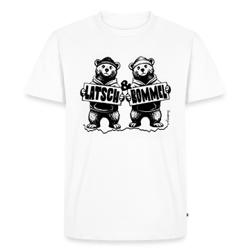 weisses Männer Premium Bio T-Shirts mit schwarzem Druck: zwei comicartige Bären in Hoodies, die jeweils ein Schild mit der Aufschrift ‚LATSCH‘ und ‚BOMMEL‘ halten, getrennt durch ein kleines ‚&‘, Design mittig auf der Brust platziert, Shirt aus 100% Bio-Baumwolle, verfügbar in den Größen XS bis 5XL.