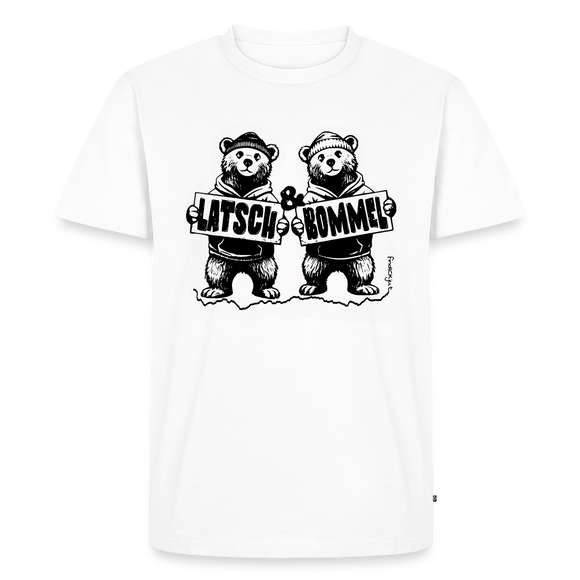 weisses Männer Premium Bio T-Shirts mit schwarzem Druck: zwei comicartige Bären in Hoodies, die jeweils ein Schild mit der Aufschrift ‚LATSCH‘ und ‚BOMMEL‘ halten, getrennt durch ein kleines ‚&‘, Design mittig auf der Brust platziert, Shirt aus 100% Bio-Baumwolle, verfügbar in den Größen XS bis 5XL.