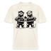 Unisex Bio-T-Shirt in hellem Offwhite mit lockerem, leicht kastigem Relaxed-Fit-Schnitt und kurzem Ärmel, vorne großflächiger schwarzer Druck mit zwei aufrecht stehenden Bären in Hoodies und Mützen. Die Bären halten jeweils ein Schild mit den Worten „LATSCH“ und „BOMMEL“, in der Mitte verbunden durch ein stilisiertes „&“ mit kleinen Bommel-Illustrationen, klare Konturen, handgezeichneter Look, ideal als Freundschafts- und Atzen-Motiv.