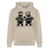beigefarbener Unisex Hoodie aus 100% Bio-Baumwolle, Vorderansicht mit schwarzem Print: zwei im Comicstil gezeichnete Bären in Hoodies, die jeweils ein Schild mit der Aufschrift ‚LATSCH‘  ‚BOMMEL‘ halten, dazwischen ein kleines ‚&‘, mittig auf der Brust platziert, Kapuze mit Kordeln, lange Ärmel und Kängurutasche vorn.