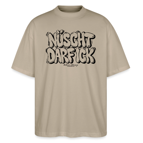 Berlin Shirt mit Print "NÜSCHT DARF ICK" Unisex T‑Shirt oversize aus Bio-Baumwolle in steingrau mit Berliner Schnauze Spruch