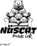 ein schwarz gezeichneter Bär in der Meditationspose. Darunter in grossen Lettern "NÜSCHT muss ick"