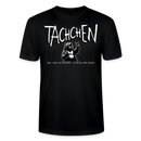 schwarzes Unisex Bio T-Shirt mit großem Print in weiss „TACHCHEN“ und rockendem Berliner Bären auf der Brust, darunter kleiner Schriftzug "Rock 'n Roll ihr Flitzpiepen-ICK BIN DA, KANN LOSJEHN'-gerader Schnitt, eingesetzte Ärmel, 1x1 Ripp am Rundhalsausschnitt, inneres Nackenband; leichte Stoffdichte 155 g/m² aus 100% Bio-Baumwolle.
