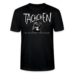 schwarzes Unisex Bio T-Shirt mit großem Print in weiss „TACHCHEN“ und rockendem Berliner Bären auf der Brust, darunter kleiner Schriftzug "Rock 'n Roll ihr Flitzpiepen-ICK BIN DA, KANN LOSJEHN'-gerader Schnitt, eingesetzte Ärmel, 1x1 Ripp am Rundhalsausschnitt, inneres Nackenband; leichte Stoffdichte 155 g/m² aus 100% Bio-Baumwolle.