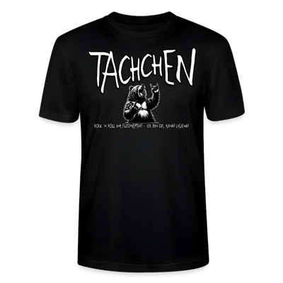 schwarzes Unisex Bio T-Shirt mit großem Print in weiss „TACHCHEN“ und rockendem Berliner Bären auf der Brust, darunter kleiner Schriftzug "Rock 'n Roll ihr Flitzpiepen-ICK BIN DA, KANN LOSJEHN'-gerader Schnitt, eingesetzte Ärmel, 1x1 Ripp am Rundhalsausschnitt, inneres Nackenband; leichte Stoffdichte 155 g/m² aus 100% Bio-Baumwolle.