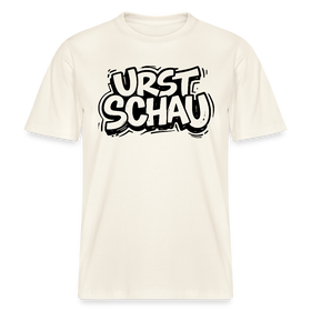 naturweisses Unisex T-Shirt mit schwarzem Aufdruck „URST SCHAU“ im Original Ost-Berliner Stil – Ostalgie Shirt mit Berliner Schnauze, lockerer Schnitt, 100 % Bio-Baumwolle.