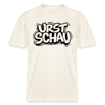 naturweisses Unisex T-Shirt mit schwarzem Aufdruck „URST SCHAU“ im Original Ost-Berliner Stil – Ostalgie Shirt mit Berliner Schnauze, lockerer Schnitt, 100 % Bio-Baumwolle.