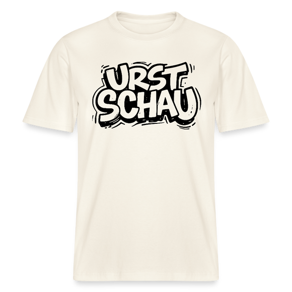 naturweisses Unisex T-Shirt mit schwarzem Aufdruck „URST SCHAU“ im Original Ost-Berliner Stil – Ostalgie Shirt mit Berliner Schnauze, lockerer Schnitt, 100 % Bio-Baumwolle.