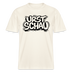 naturweisses Unisex T-Shirt mit schwarzem Aufdruck „URST SCHAU“ im Original Ost-Berliner Stil – Ostalgie Shirt mit Berliner Schnauze, lockerer Schnitt, 100 % Bio-Baumwolle.