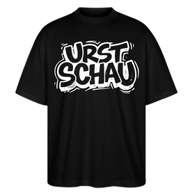 schwarzes Oversized Unisex T-Shirt aus Bio-Baumwolle mit weissem Aufdruck „URST SCHAU“ – Ostalgie Spruch in Berliner Schnauze