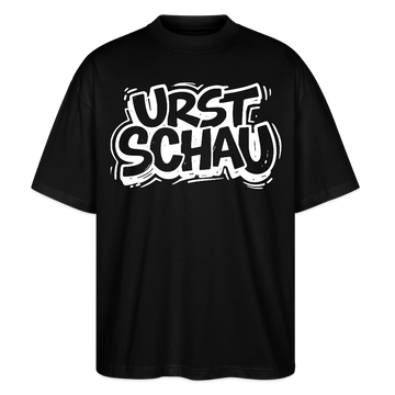 schwarzes Oversized Unisex T-Shirt aus Bio-Baumwolle mit weissem Aufdruck „URST SCHAU“ – Ostalgie Spruch in Berliner Schnauze