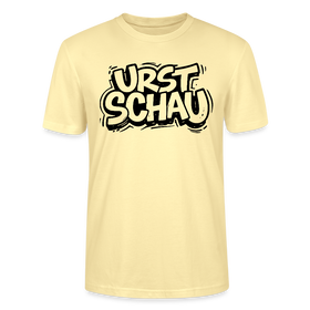 hellgelbes Unisex T‑Shirt mit schwarzem Aufdruck „URST SCHAU“ in Comicstyle – Original Ost-Berliner Spruch für Ostalgie Fans