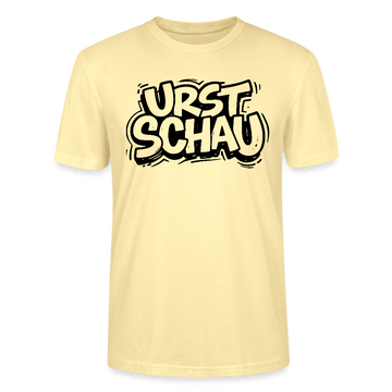 hellgelbes Unisex T‑Shirt mit schwarzem Aufdruck „URST SCHAU“ in Comicstyle – Original Ost-Berliner Spruch für Ostalgie Fans