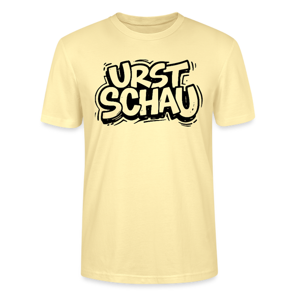 hellgelbes Unisex T‑Shirt mit schwarzem Aufdruck „URST SCHAU“ in Comicstyle – Original Ost-Berliner Spruch für Ostalgie Fans