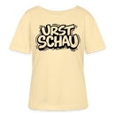 hellgelbes Ostalgie Shirt Frauen mit schwarzem Berliner Schnauze Spruch als Brustprint im Comicstil „URST SCHAU“ – leichtes Bio-T-Shirt, lockerer Rundhalsausschnitt