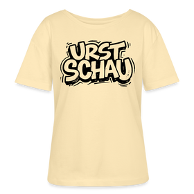 hellgelbes Ostalgie Shirt Frauen mit schwarzem Berliner Schnauze Spruch als Brustprint im Comicstil „URST SCHAU“ – leichtes Bio-T-Shirt, lockerer Rundhalsausschnitt