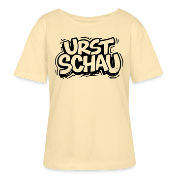 hellgelbes Ostalgie Shirt Frauen mit schwarzem Berliner Schnauze Spruch als Brustprint im Comicstil „URST SCHAU“ – leichtes Bio-T-Shirt, lockerer Rundhalsausschnitt