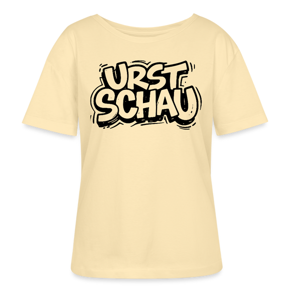 hellgelbes Ostalgie Shirt Frauen mit schwarzem Berliner Schnauze Spruch als Brustprint im Comicstil „URST SCHAU“ – leichtes Bio-T-Shirt, lockerer Rundhalsausschnitt