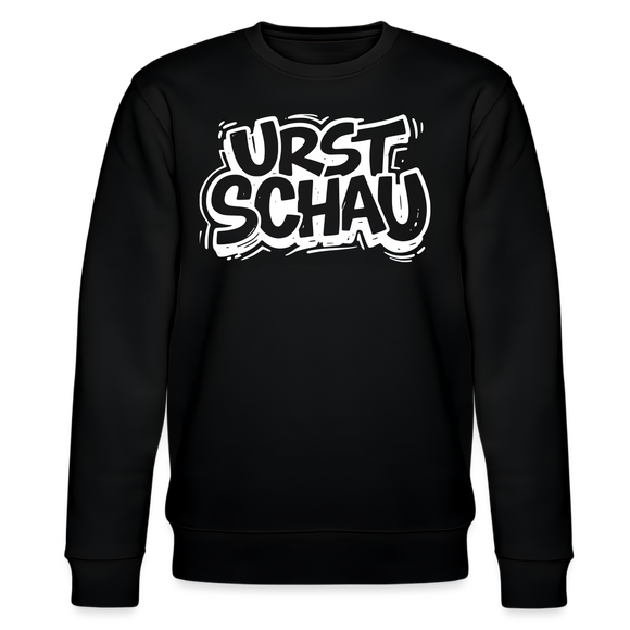 Schwarzer Unisex Rundhals Sweater mit weißem 'URST SCHAU' Print im Graffiti-Style – Berliner Schnauze Ostalgie Statement