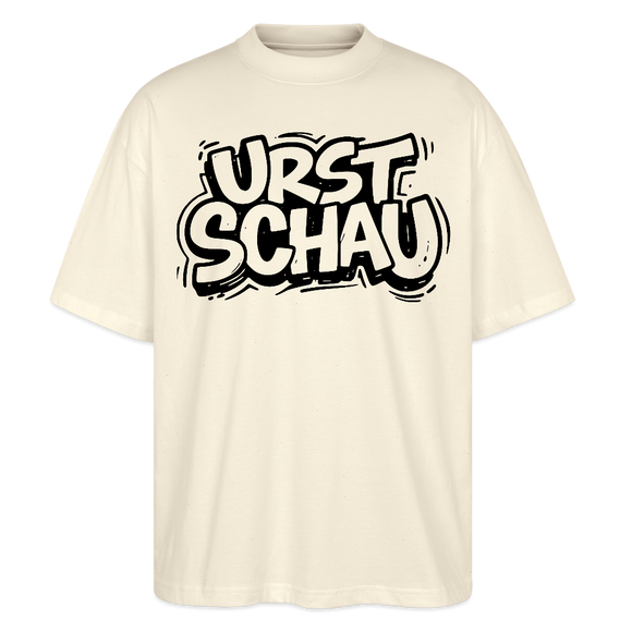 naturweisses Oversized Unisex Shirt mit Rundhals aus Bio-Baumwolle, schwarzer Aufdruck in ComicStyle„URST SCHAU“ -Ost-Berliner Spruch, Ostalgie Berliner Schnauze Design