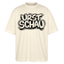 naturweisses Oversized Unisex Shirt mit Rundhals aus Bio-Baumwolle, schwarzer Aufdruck in ComicStyle„URST SCHAU“ -Ost-Berliner Spruch, Ostalgie Berliner Schnauze Design