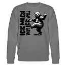 Anthrazitfarbener Sweater mit schwarzem Schriftzug „ICK MACH WAT ICK WILL“ und gezeichnetem Bären, der tanzend den Mittelfinger zeigt; Berliner Schnauze Design von FINDICKJUT.