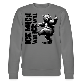 Anthrazitfarbener Sweater mit schwarzem Schriftzug „ICK MACH WAT ICK WILL“ und gezeichnetem Bären, der tanzend den Mittelfinger zeigt; Berliner Schnauze Design von FINDICKJUT.