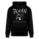 Schwarzer Unisex Hoodie mit weißem Berliner Bär und großem Schriftzug darüber „TACHCHEN“. Spruch „Rock’n’Roll ihr Flitzpiepen! – Ick bin da, kann losjehn“, steht klein unter dem feiernden Bären. doppelt gefütterte Kapuze, Bio-Baumwolle.