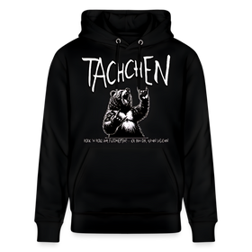 Schwarzer Unisex Hoodie mit weißem Berliner Bär und großem Schriftzug darüber „TACHCHEN“. Spruch „Rock’n’Roll ihr Flitzpiepen! – Ick bin da, kann losjehn“, steht klein unter dem feiernden Bären. doppelt gefütterte Kapuze, Bio-Baumwolle.